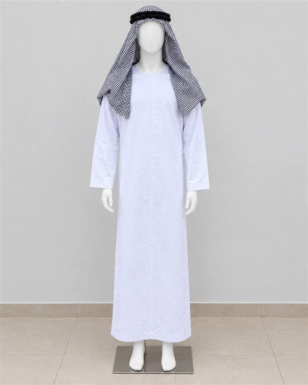 Jeque árabe (túnica blanca, turbante de cuadros y aro negro)
