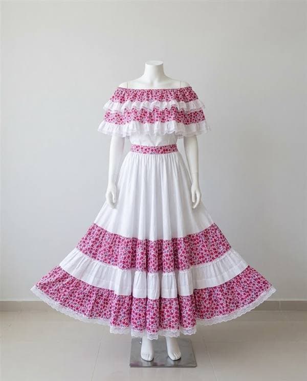 Traje de cumbia blanco con flores (blusa y falda)